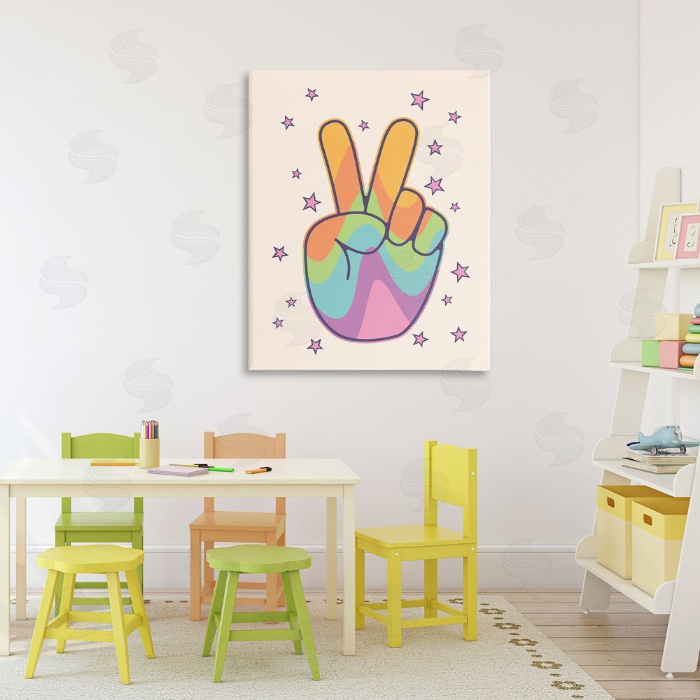 LSR Design Studio Peace Sign Retro Rainbow Stretched Canvas Wall Art in Room