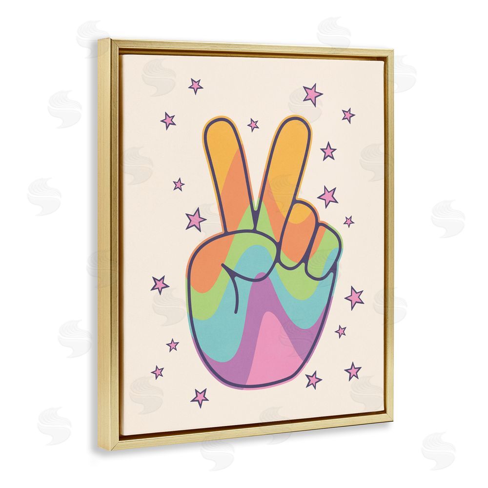 LSR Design Studio Peace Sign Retro Rainbow Gold Floating Framed Canvas Wall Art