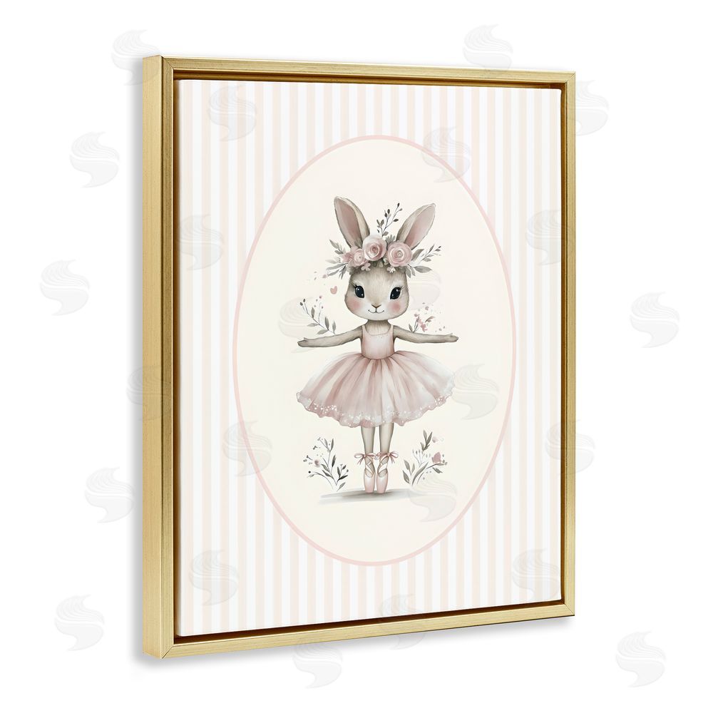 LSR Design Studio Nursery Ballerina Bunny Striped Gold Floating Framed Canvas Wall Art