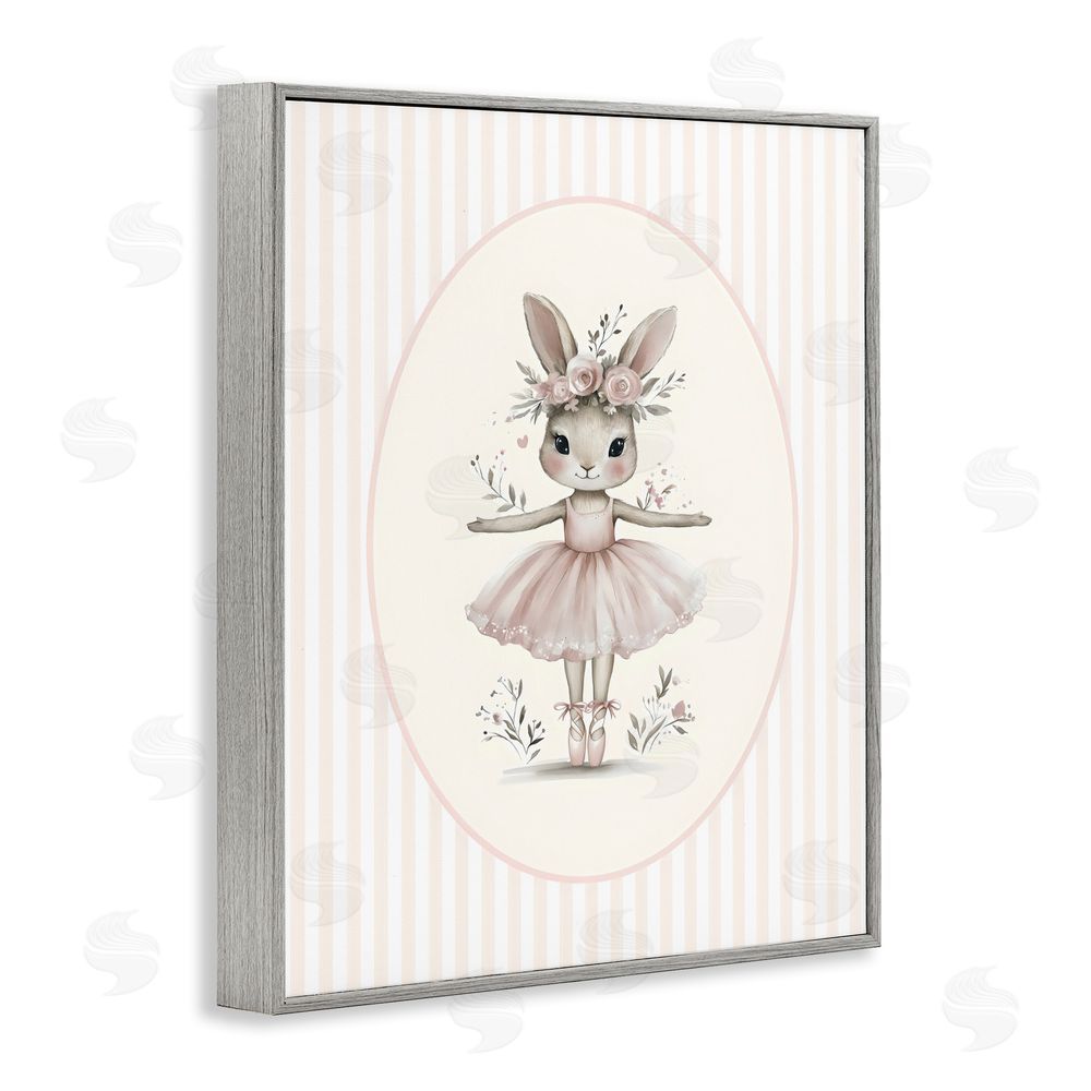 LSR Design Studio Nursery Ballerina Bunny Striped Gray Framed Giclee Wall Art