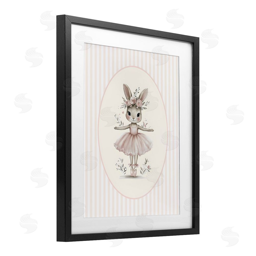 LSR Design Studio Nursery Ballerina Bunny Striped Black Framed Print Under Glass Wall Art