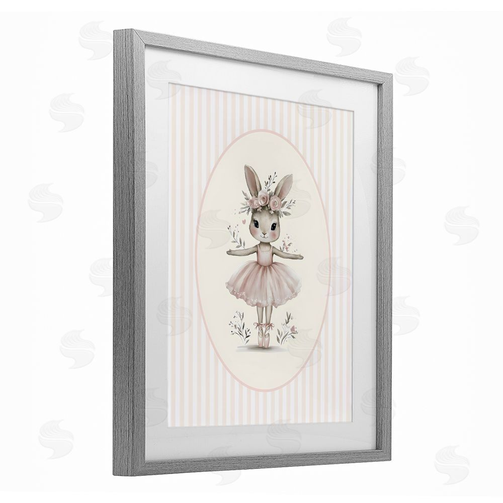 LSR Design Studio Nursery Ballerina Bunny Striped Gray Framed Print Under Glass Wall Art