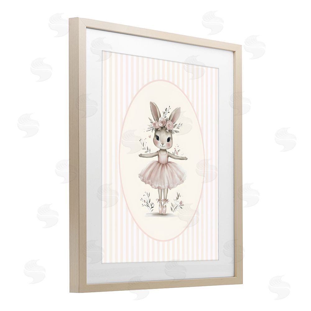 LSR Design Studio Nursery Ballerina Bunny Striped Brown Framed Print Under Glass Wall Art