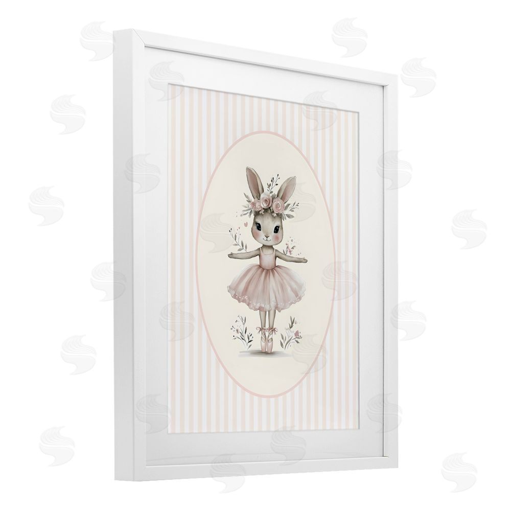 LSR Design Studio Nursery Ballerina Bunny Striped White Framed Print Under Glass Wall Art