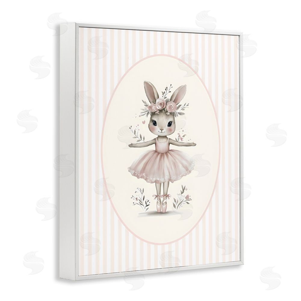 LSR Design Studio Nursery Ballerina Bunny Striped White Framed Giclee Wall Art