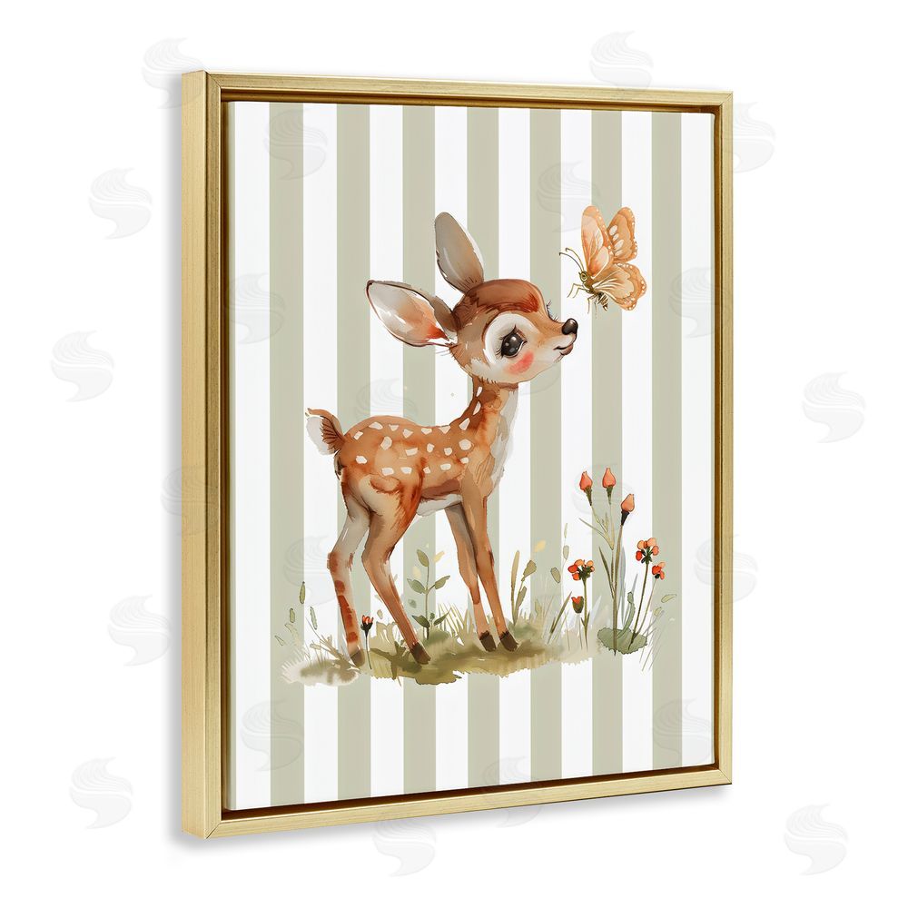 LSR Design Studio Baby Deer with Butterfly Gold Floating Frame Canvas Wall Art Print