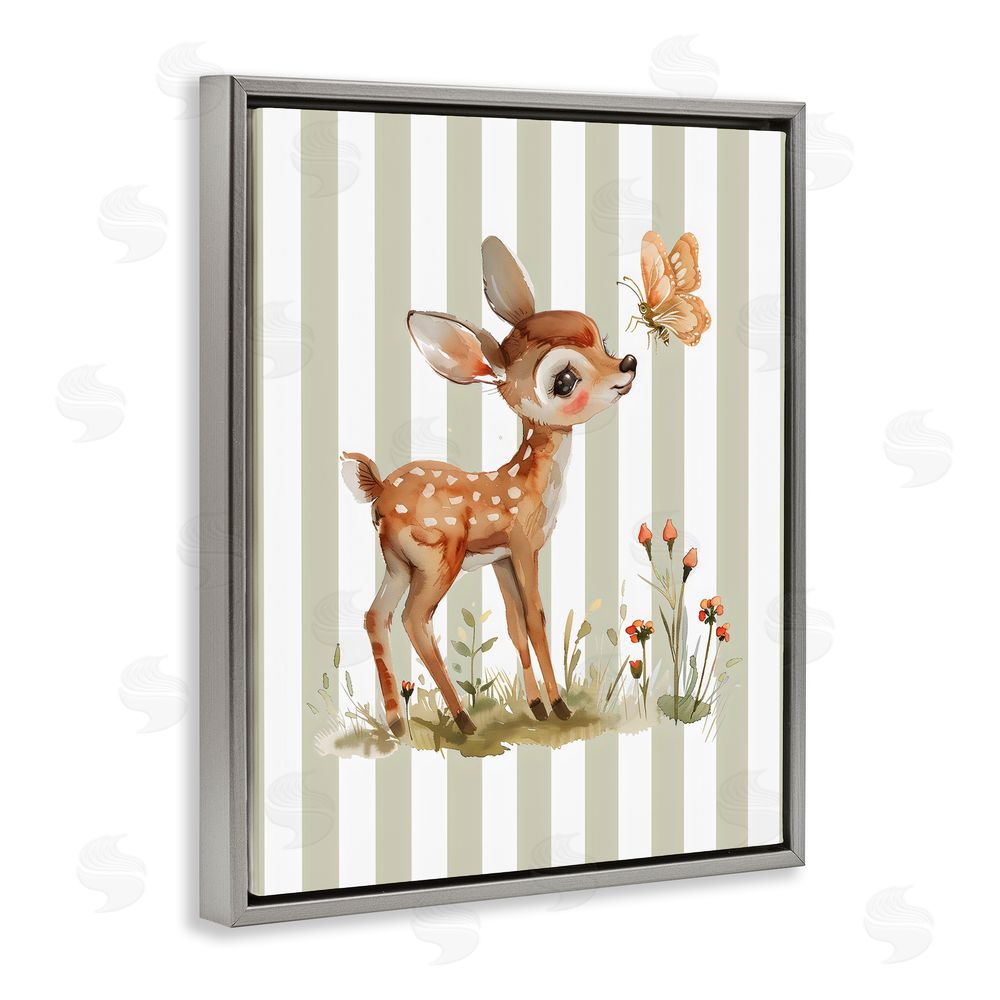 LSR Design Studio Baby Deer with Butterfly Gray Floating Frame Canvas Wall Art Print