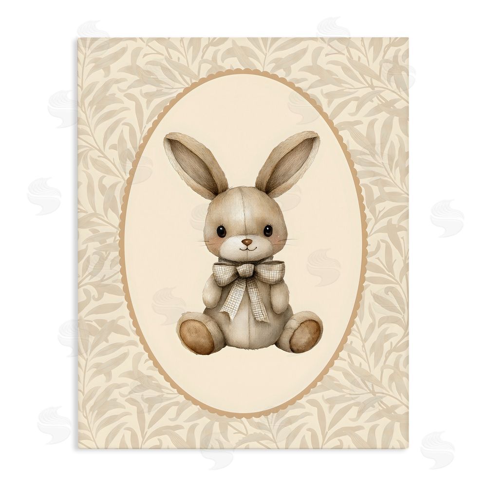 LSR Design Studio Neutral Bunny in Oval Border Stretched Canvas Wall Art Print