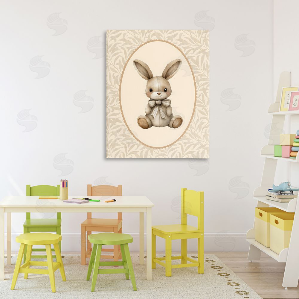 LSR Design Studio Neutral Bunny in Oval Border Stretched Canvas Wall Art Print in Room