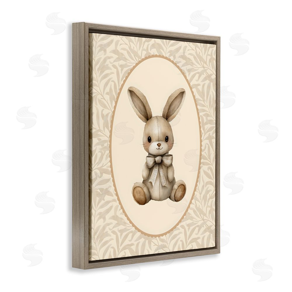 LSR Design Studio Neutral Bunny in Oval Border Brown Floating Frame Canvas Wall Art Print