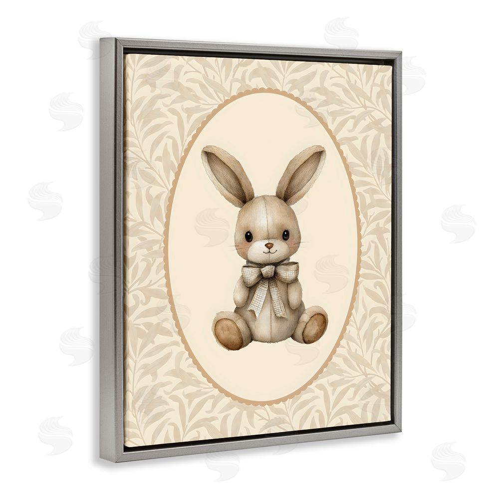LSR Design Studio Neutral Bunny in Oval Border Gray Floating Frame Canvas Wall Art Print