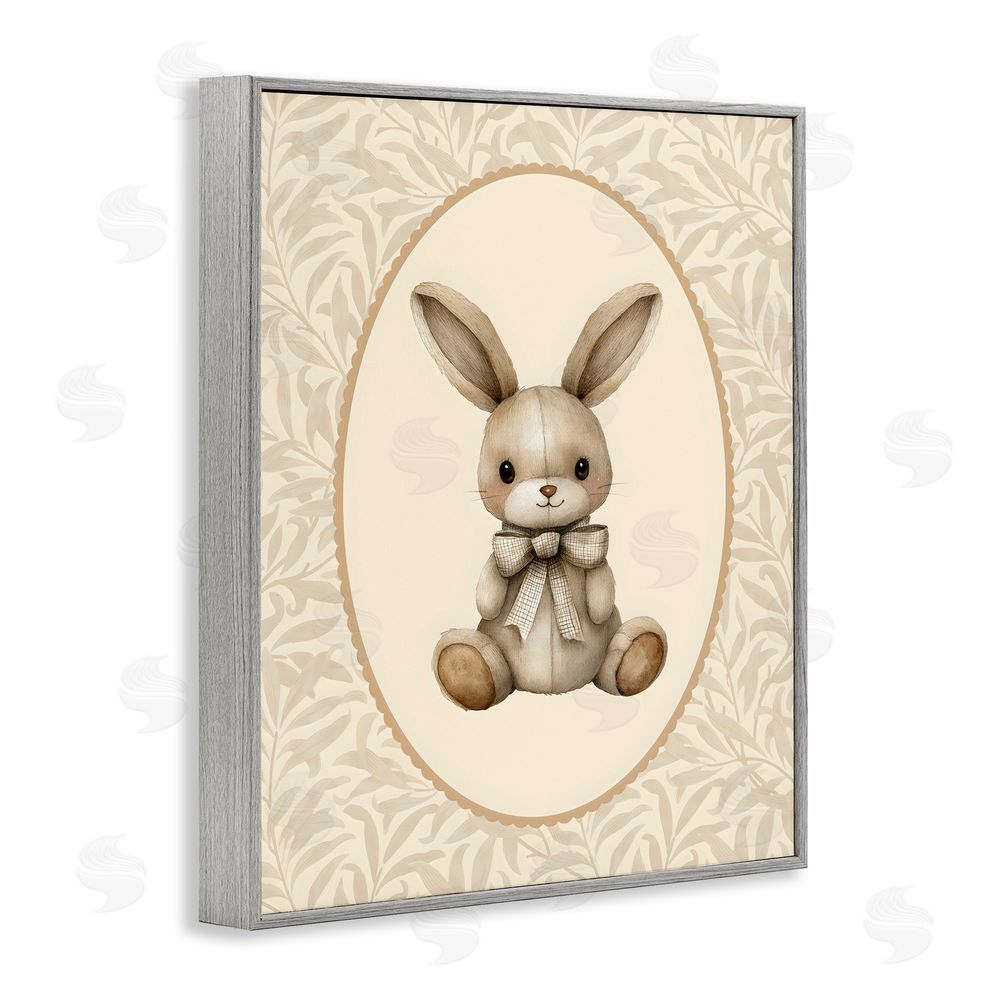 LSR Design Studio Neutral Bunny in Oval Border Gray Framed Giclee Wall Art Print