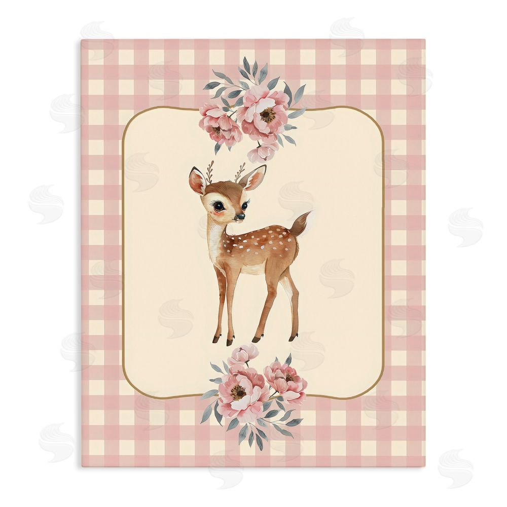 LSR Design Studio Baby Deer Pink Gingham Stretched Canvas Wall Art Print