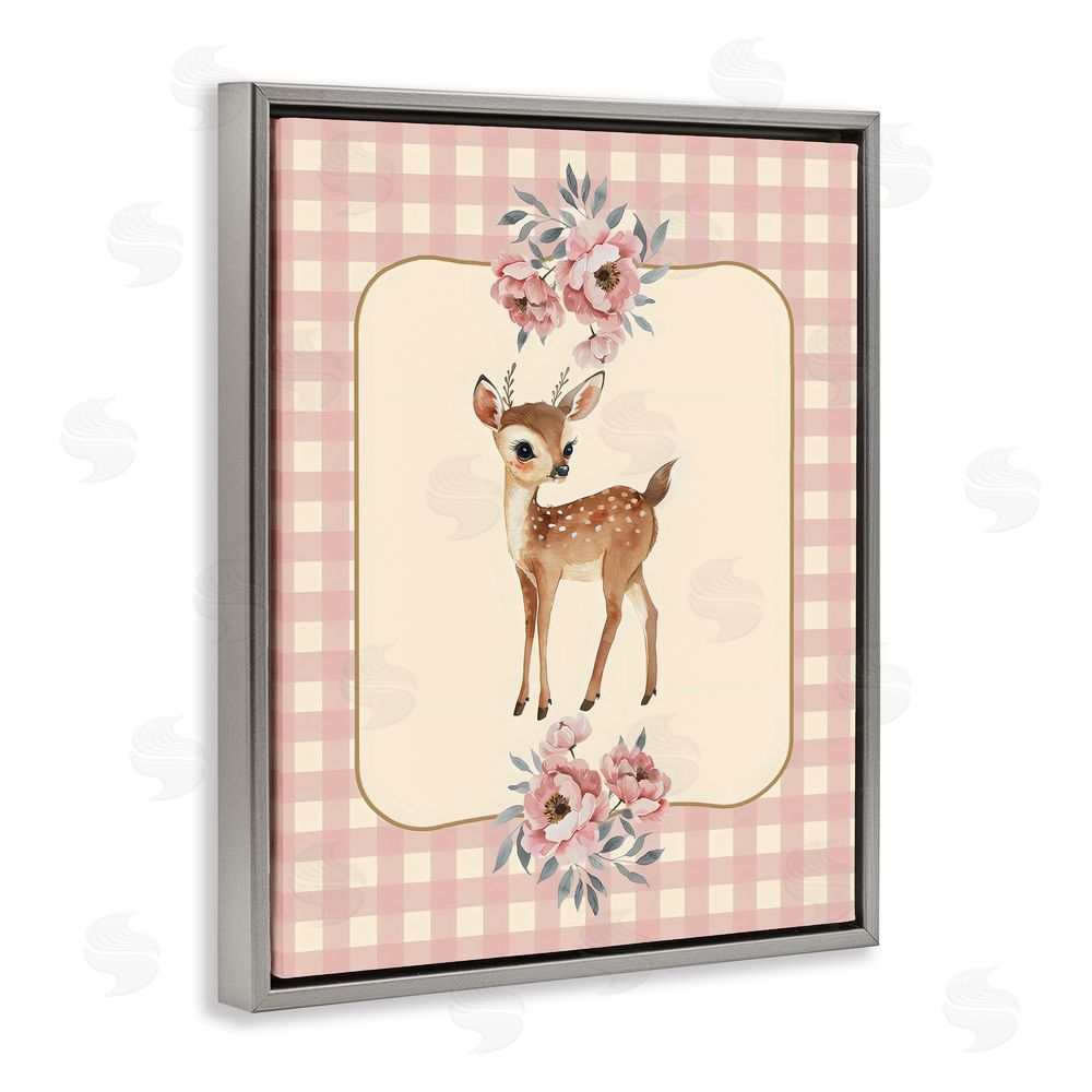 LSR Design Studio Baby Deer Pink Gingham Gray Floating Frame Canvas Wall Art Print