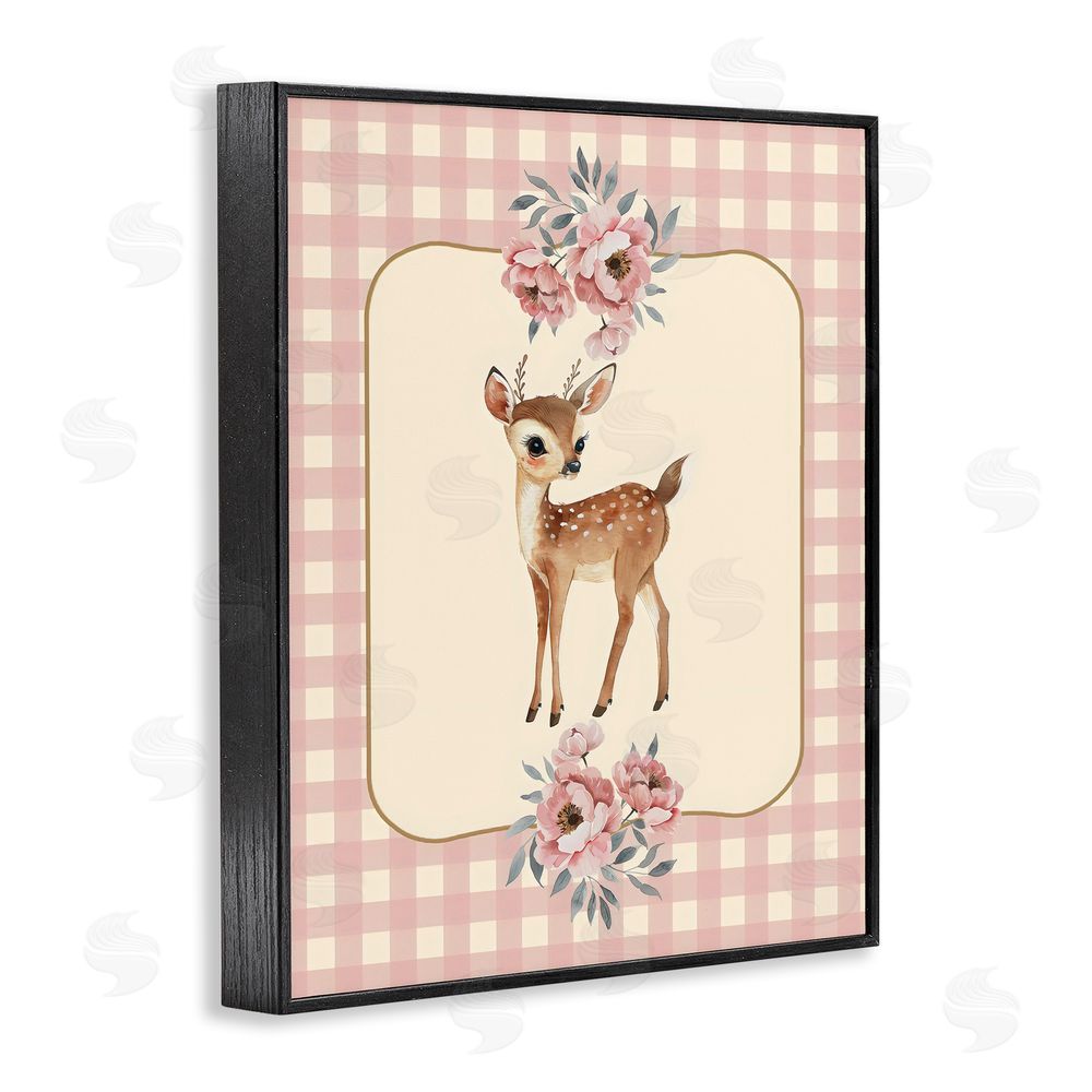 LSR Design Studio Baby Deer Pink Gingham Black Framed Giclee Wall Art Print