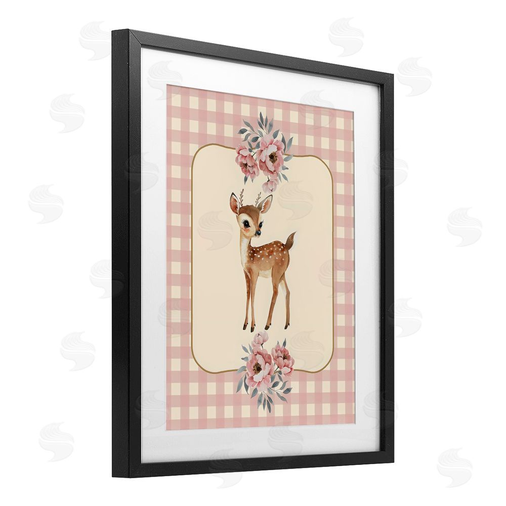 LSR Design Studio Baby Deer Pink Gingham Black Framed Print Under Glass Wall Art