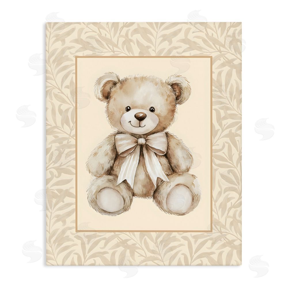 LSR Design Studio Beige Teddy Bear and Border Stretched Canvas Wall Art Print