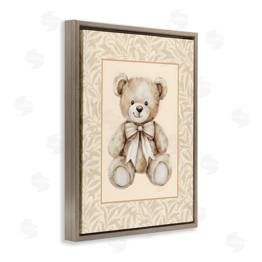 LSR Design Studio Beige Teddy Bear and Border Brown Floating Frame Stretched Canvas Wall Art Print