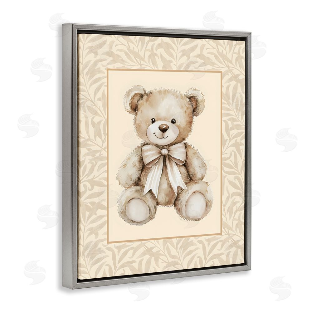 LSR Design Studio Beige Teddy Bear and Border Gray Floating Frame Stretched Canvas Wall Art Print