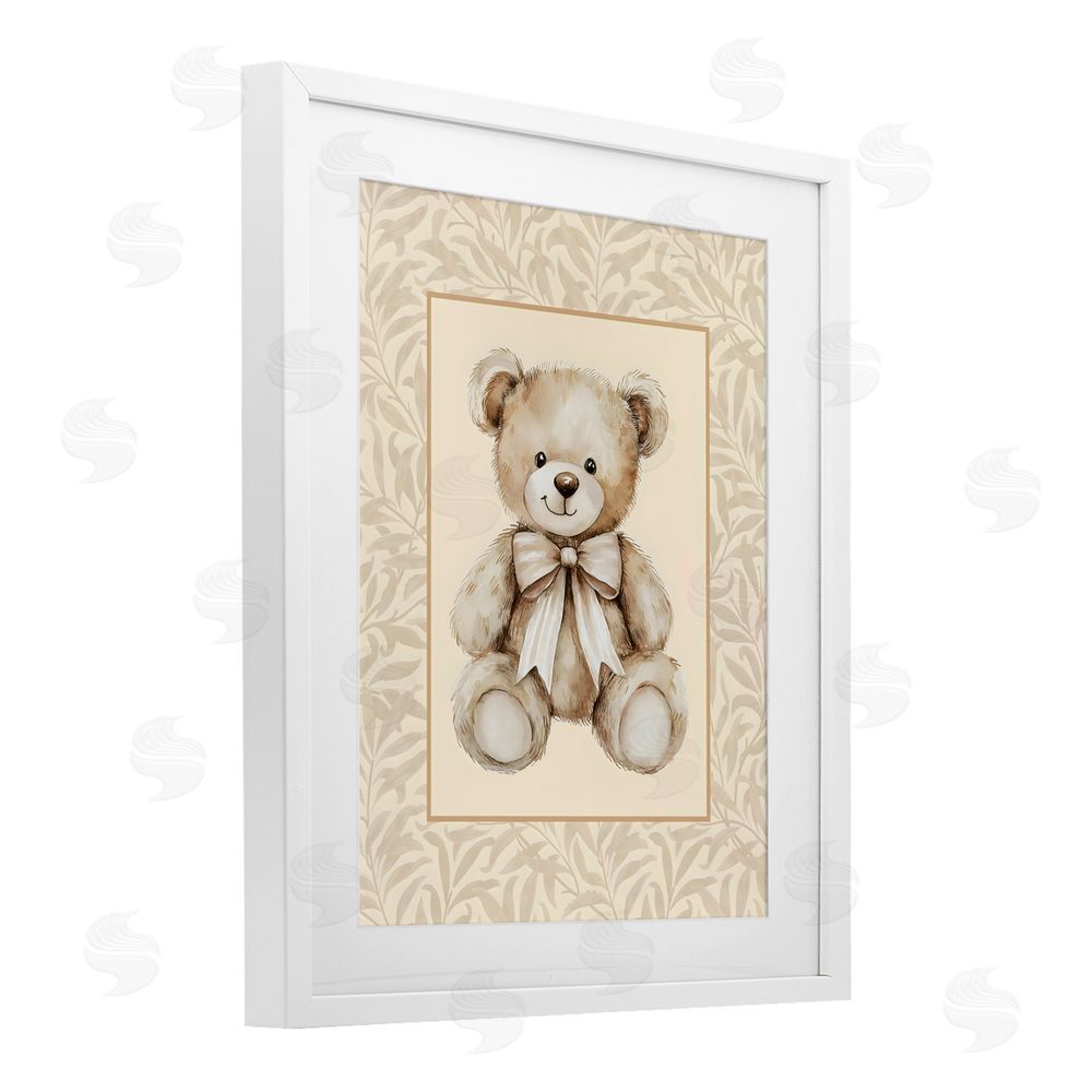 LSR Design Studio Beige Teddy Bear and Border White Framed Print Under Glass with Matting Wall Art