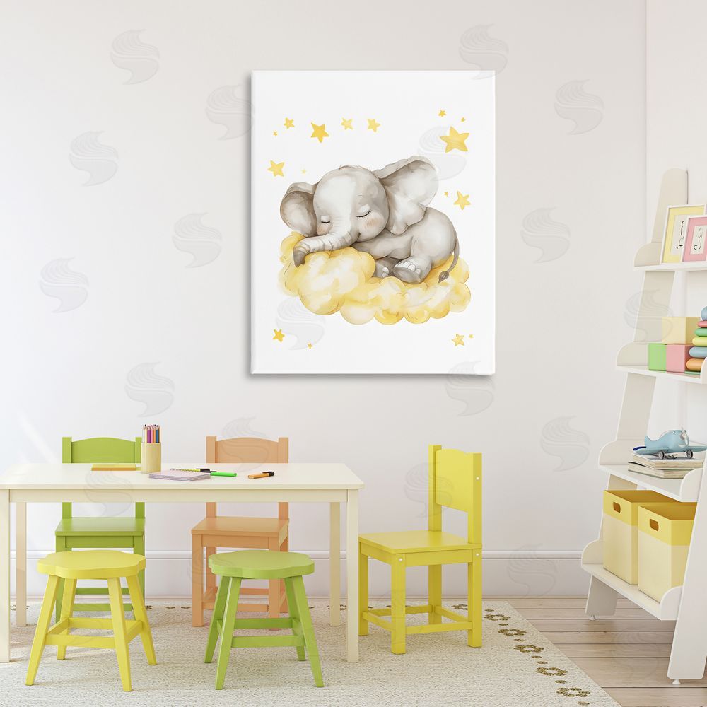 LSR Design Studio Sleeping Elephant on Yellow Cloud Stretched Canvas on Wall