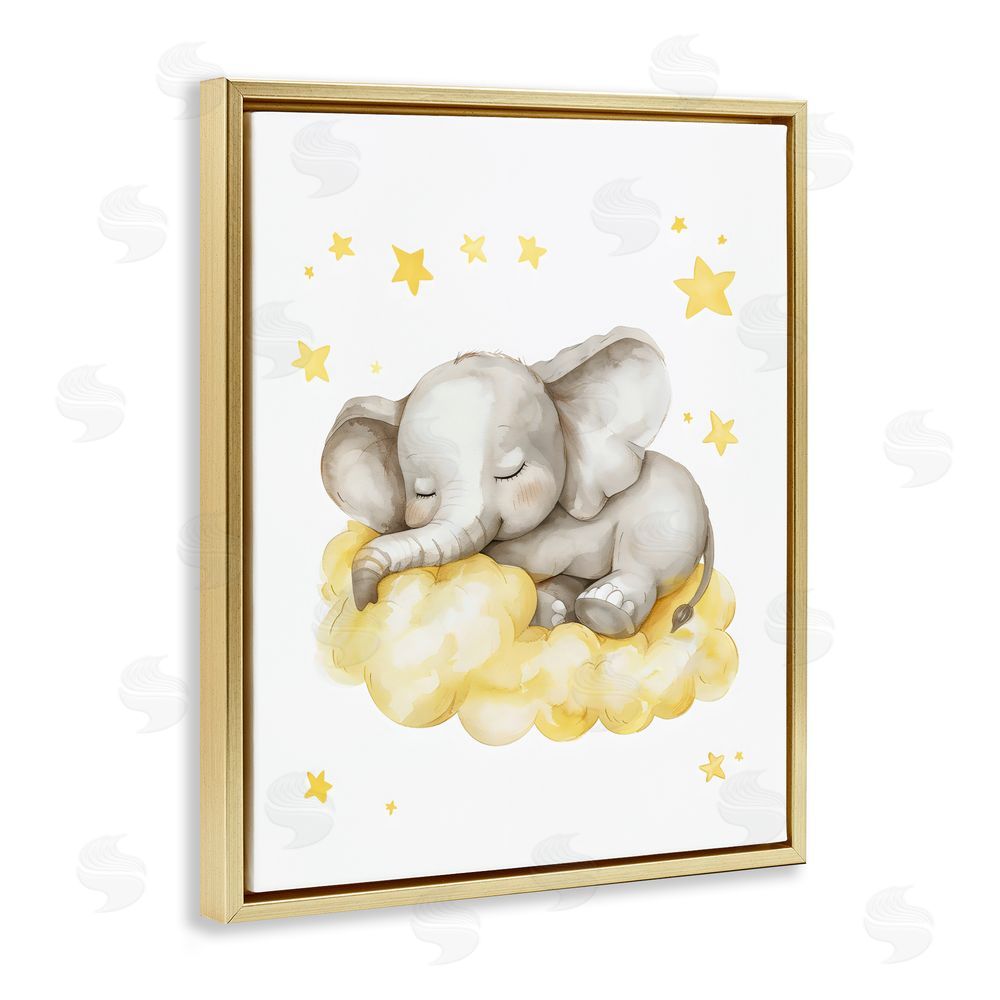 LSR Design Studio Sleeping Elephant on Yellow Cloud Gold Floating Framed Canvas Wall Art Print