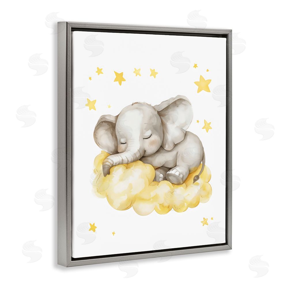 LSR Design Studio Sleeping Elephant on Yellow Cloud Gray Floating Framed Canvas Wall Art Print