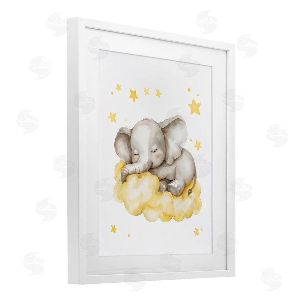 LSR Design Studio Sleeping Elephant on Yellow Cloud White Framed Print Under Glass with White Mat Wall Art