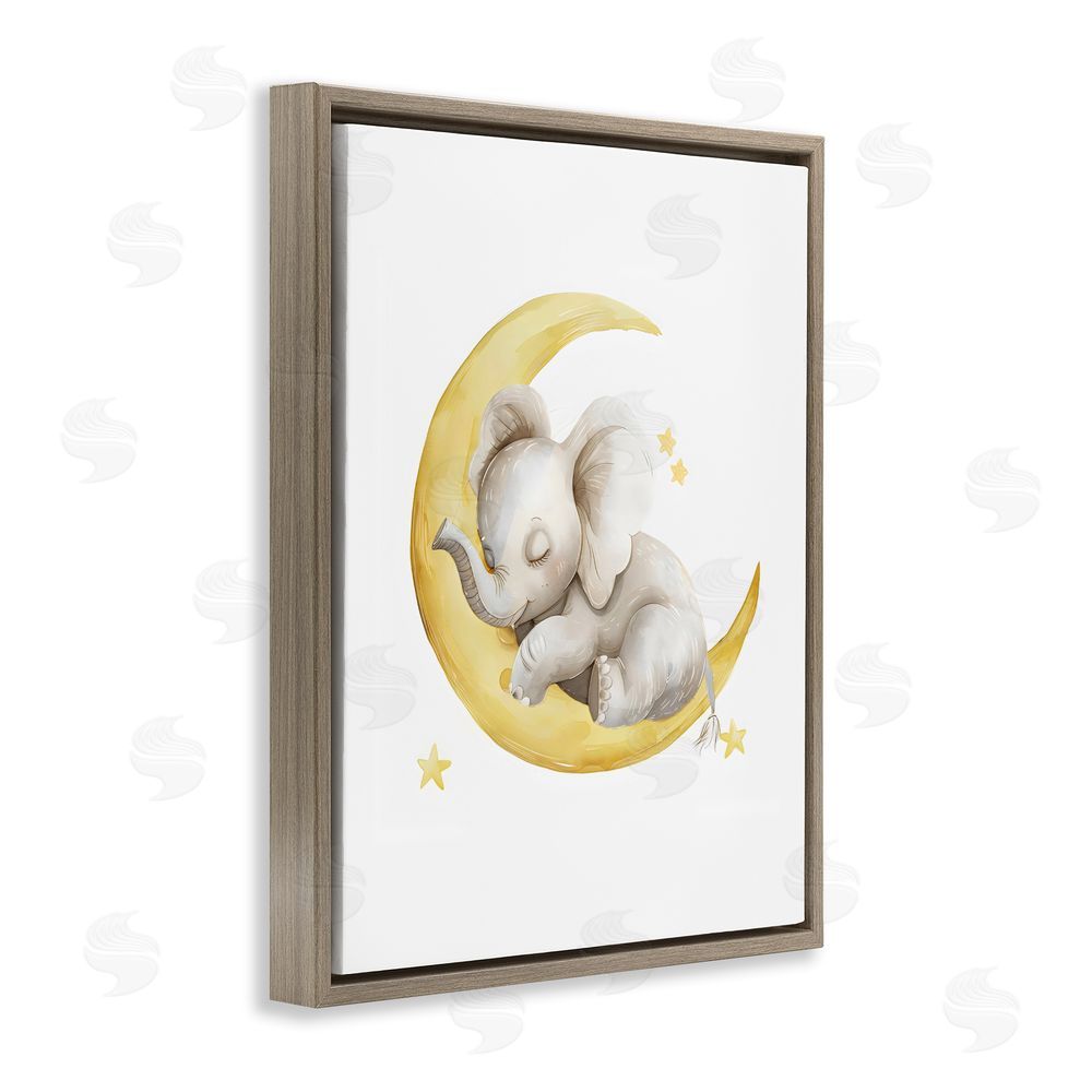 LSR Design Studio Sleeping Elephant on Yellow Moon Brown Floating Framed Canvas Wall Art Print