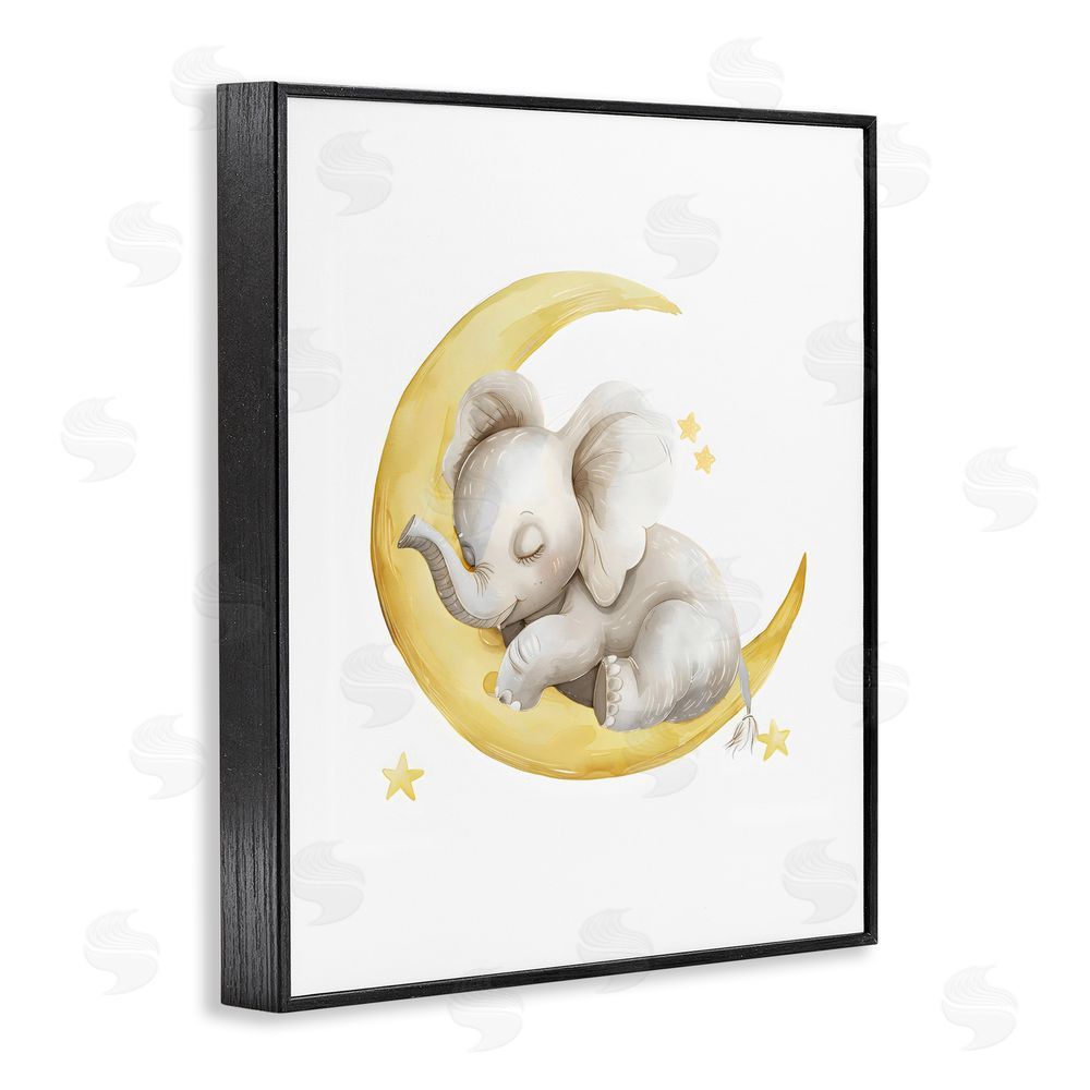 LSR Design Studio Sleeping Elephant on Yellow Moon Black Framed Giclee Wall Art Print