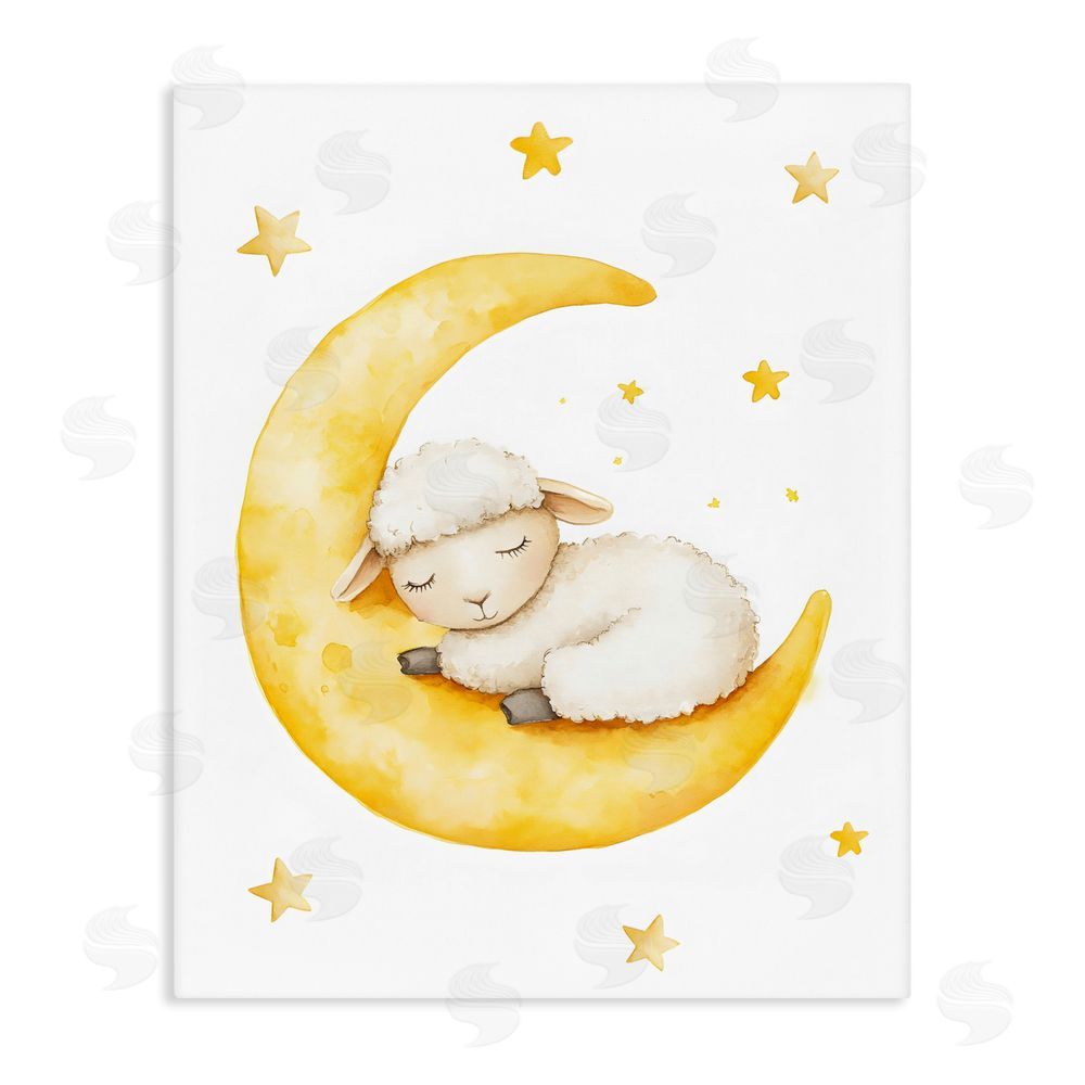 LSR Design Studio Sleeping Sheep on Yellow Moon Stretched Canvas Wall Art Print