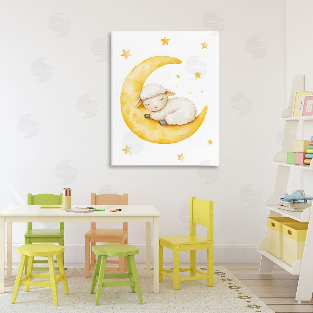 LSR Design Studio Sleeping Sheep on Yellow Moon Stretched Canvas on Wall