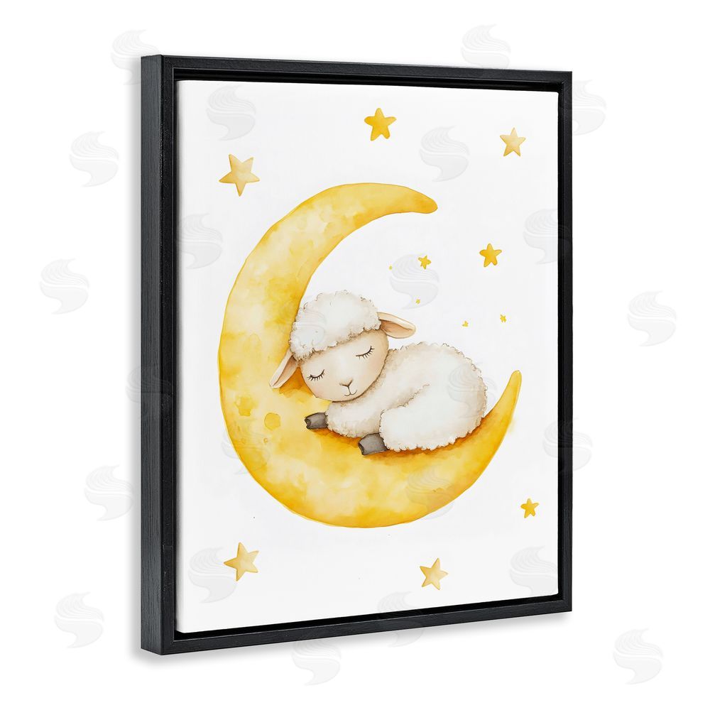 LSR Design Studio Sleeping Sheep on Yellow Moon Black Floating Framed Canvas Wall Art Print