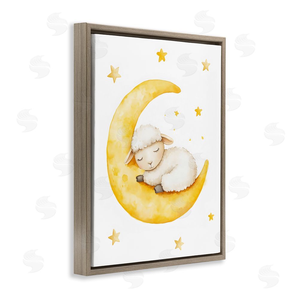 LSR Design Studio Sleeping Sheep on Yellow Moon Brown Floating Framed Canvas Wall Art Print