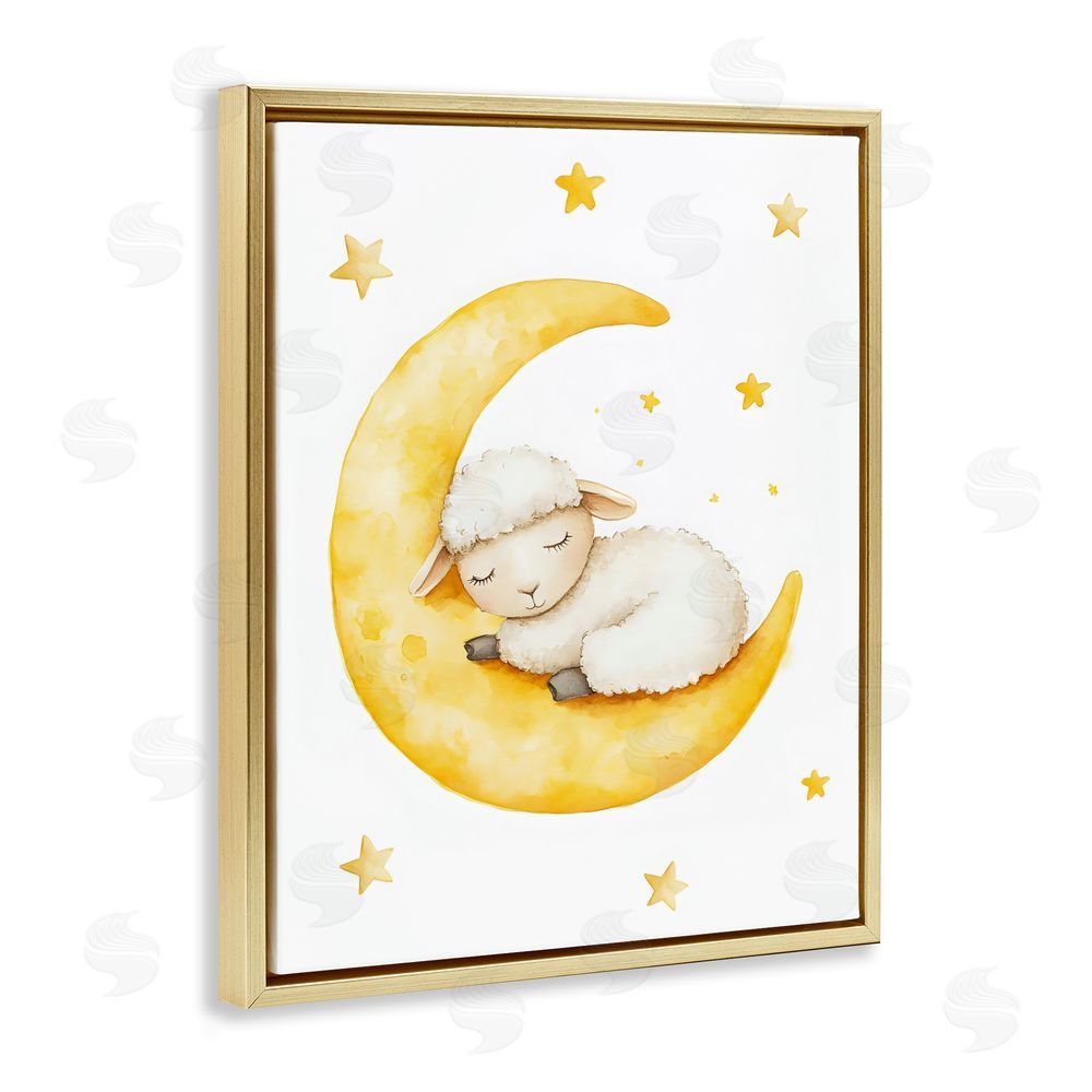 LSR Design Studio Sleeping Sheep on Yellow Moon Gold Floating Framed Canvas Wall Art Print