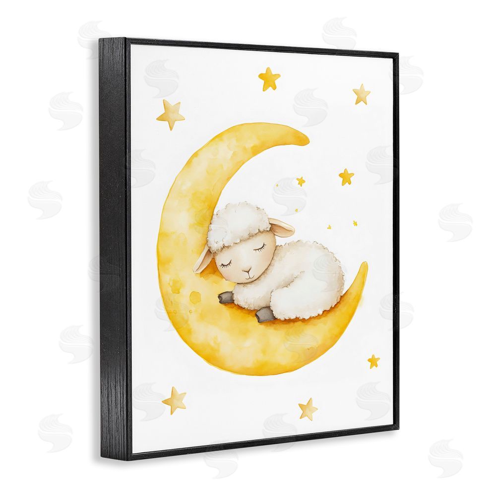 LSR Design Studio Sleeping Sheep on Yellow Moon Black Framed Giclee Wall Art Print