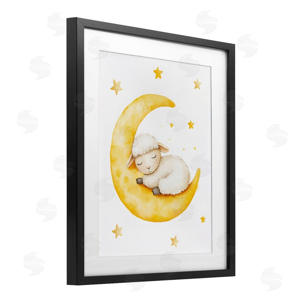 LSR Design Studio Sleeping Sheep on Yellow Moon Black Framed Print Under Glass with White Mat Wall Art