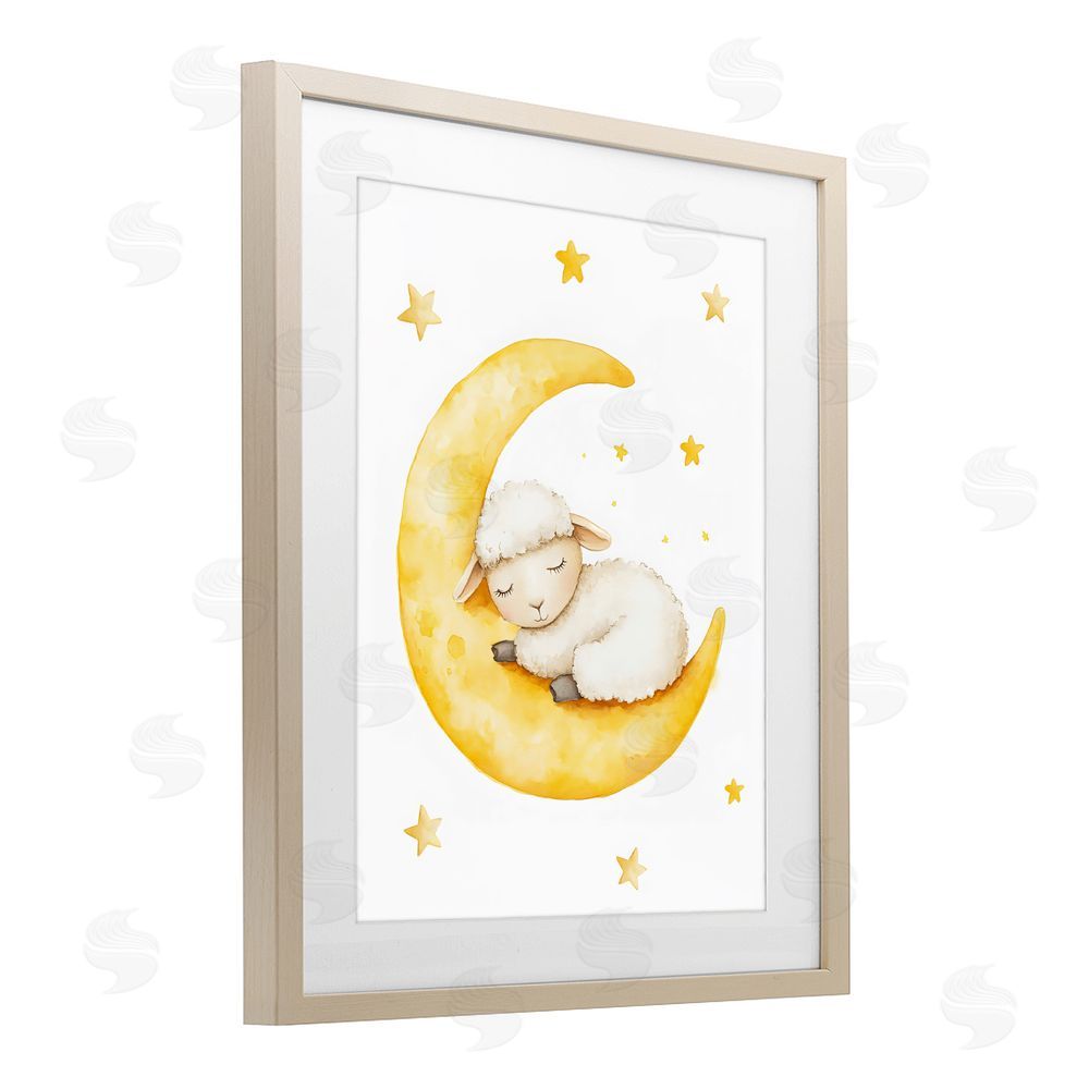 LSR Design Studio Sleeping Sheep on Yellow Moon Brown Framed Print Under Glass with White Mat Wall Art