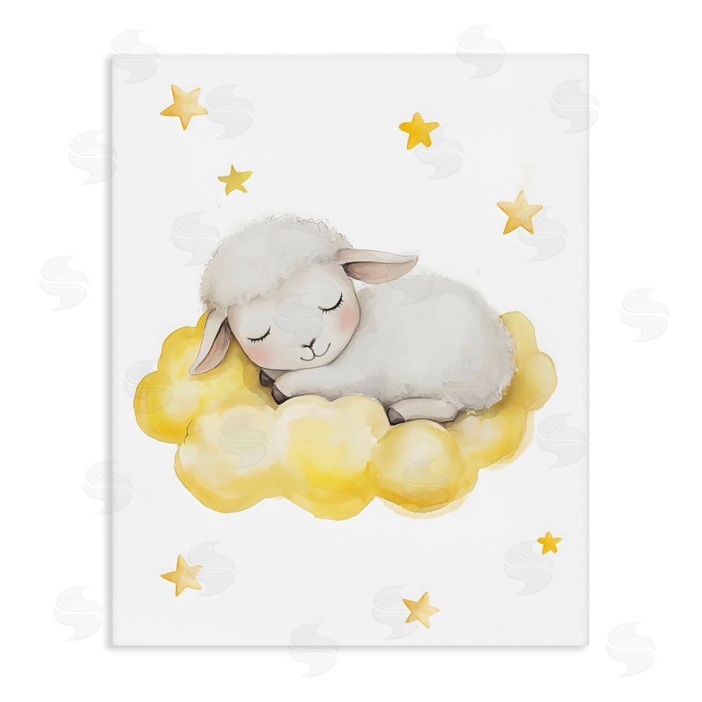 LSR Design Studio Sleeping Sheep on Yellow Cloud Stretched Canvas Wall Art Print