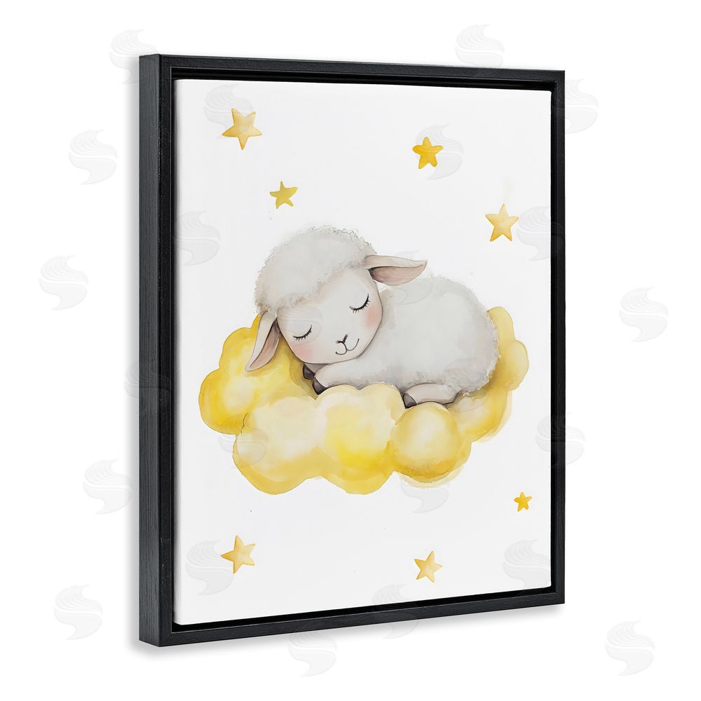 LSR Design Studio Sleeping Sheep on Yellow Cloud Black Floating Framed Canvas Wall Art Print