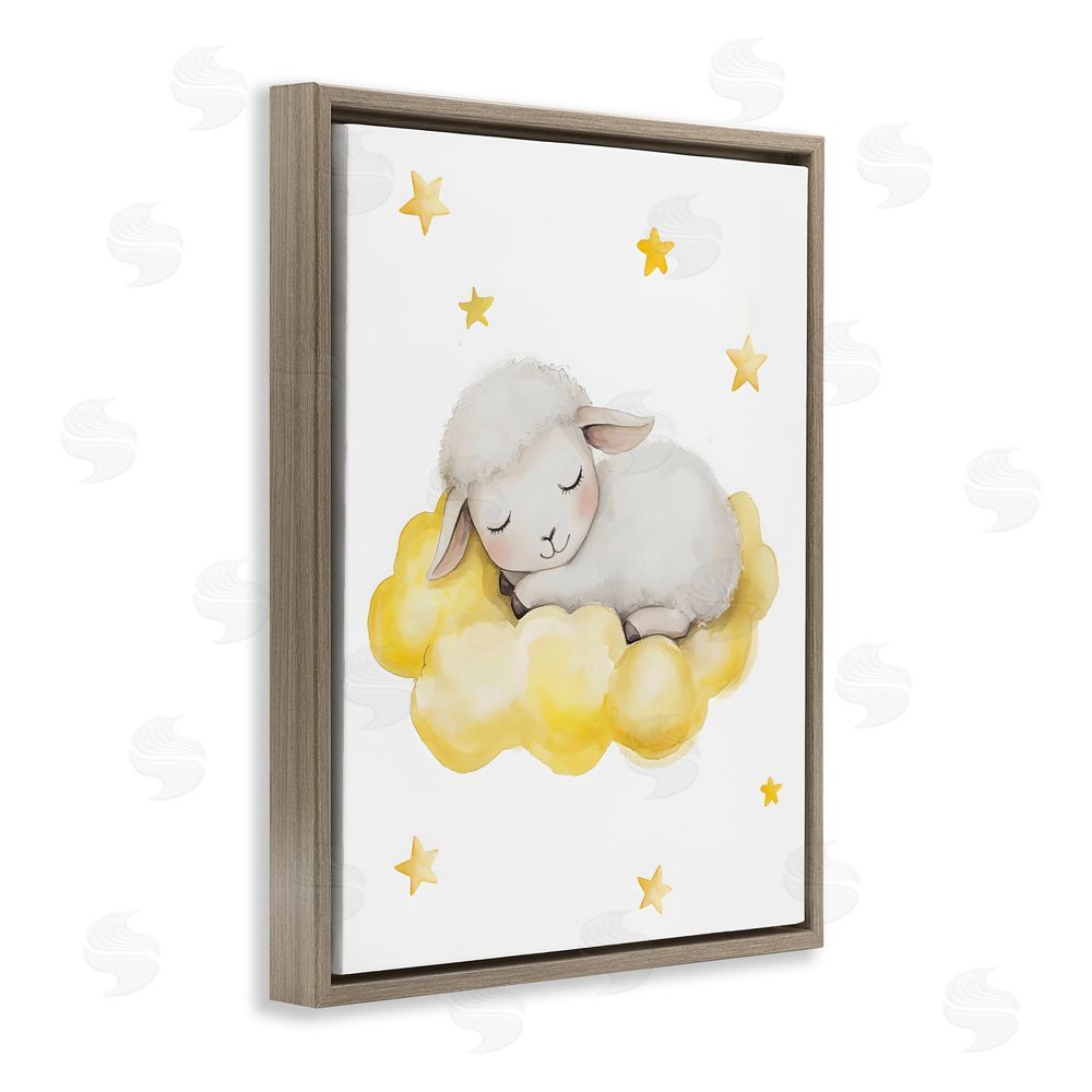 LSR Design Studio Sleeping Sheep on Yellow Cloud Brown Floating Framed Canvas Wall Art Print