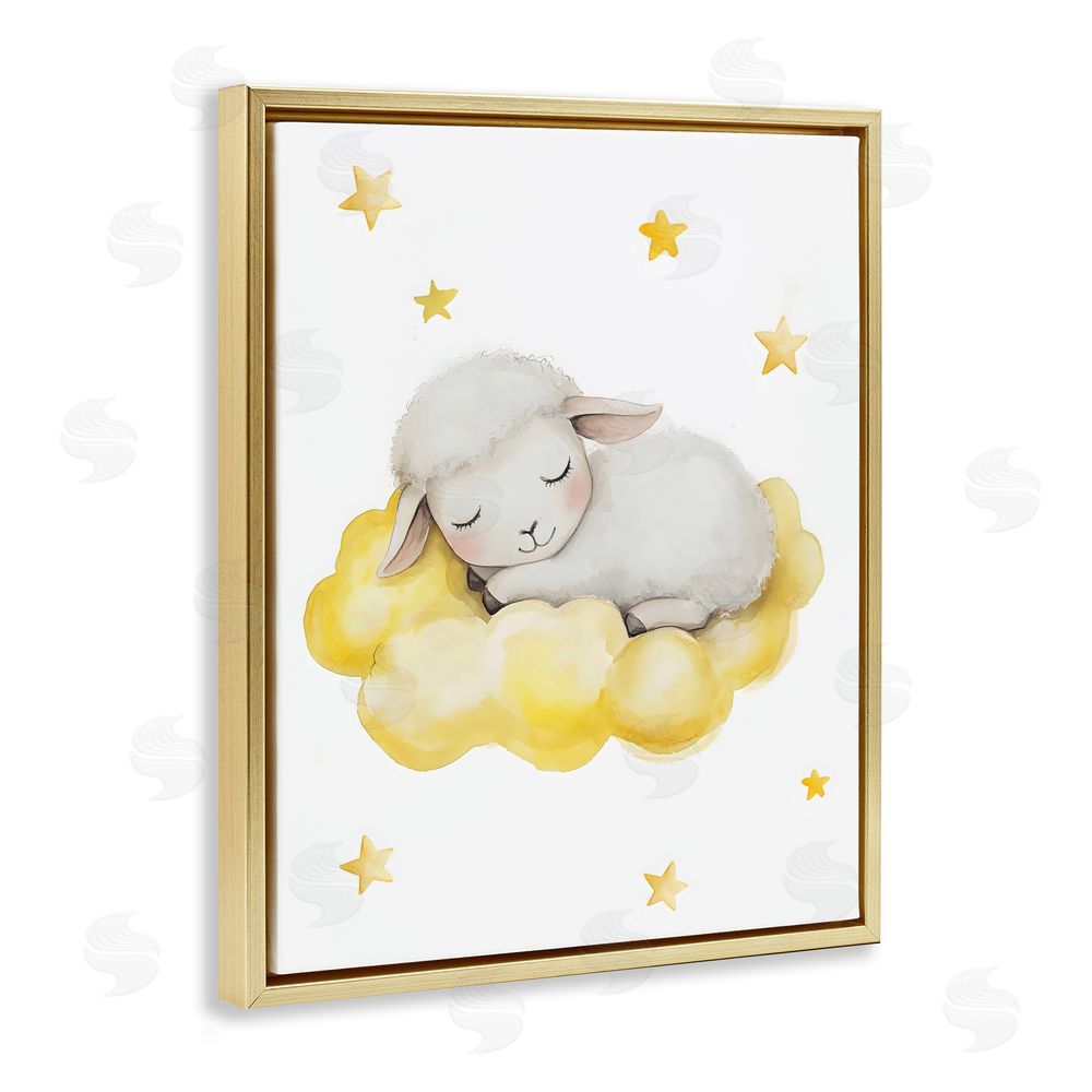 LSR Design Studio Sleeping Sheep on Yellow Cloud Gold Floating Framed Canvas Wall Art Print