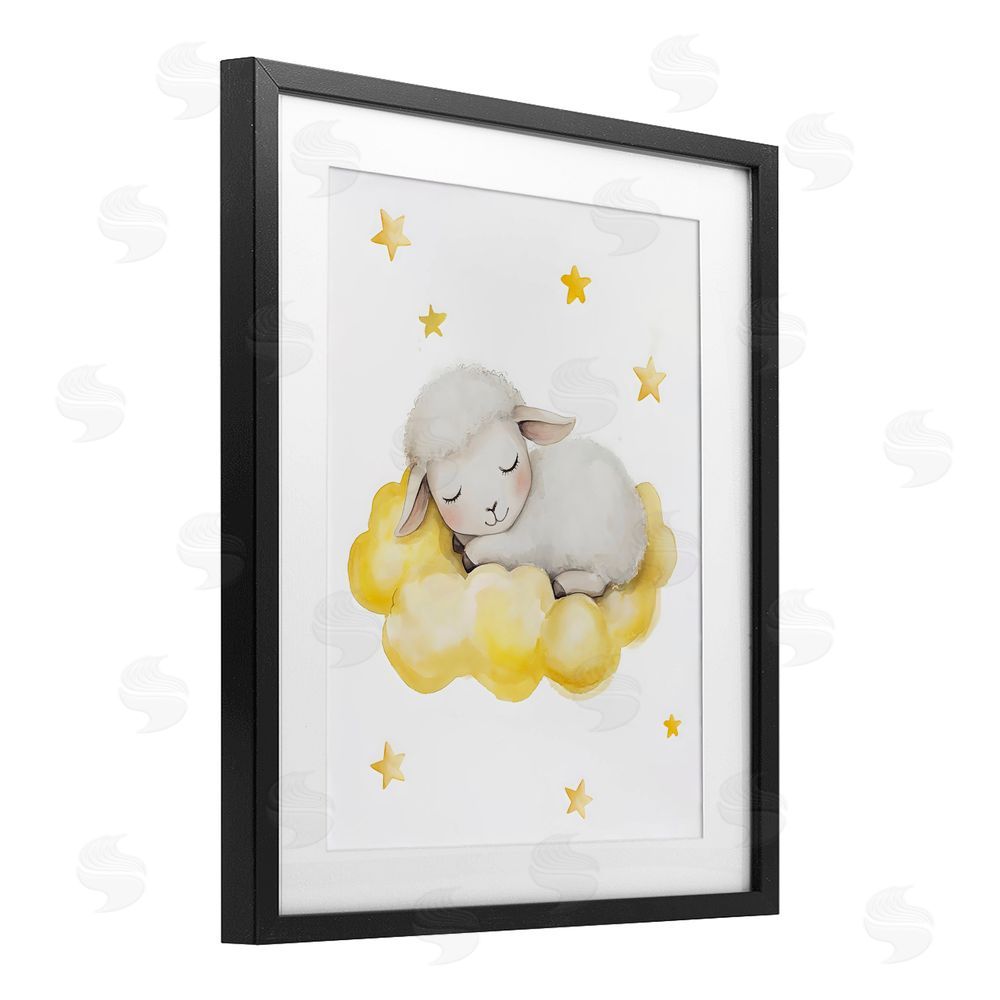 LSR Design Studio Sleeping Sheep on Yellow Cloud Black Framed Print Under Glass with White Mat Wall Art