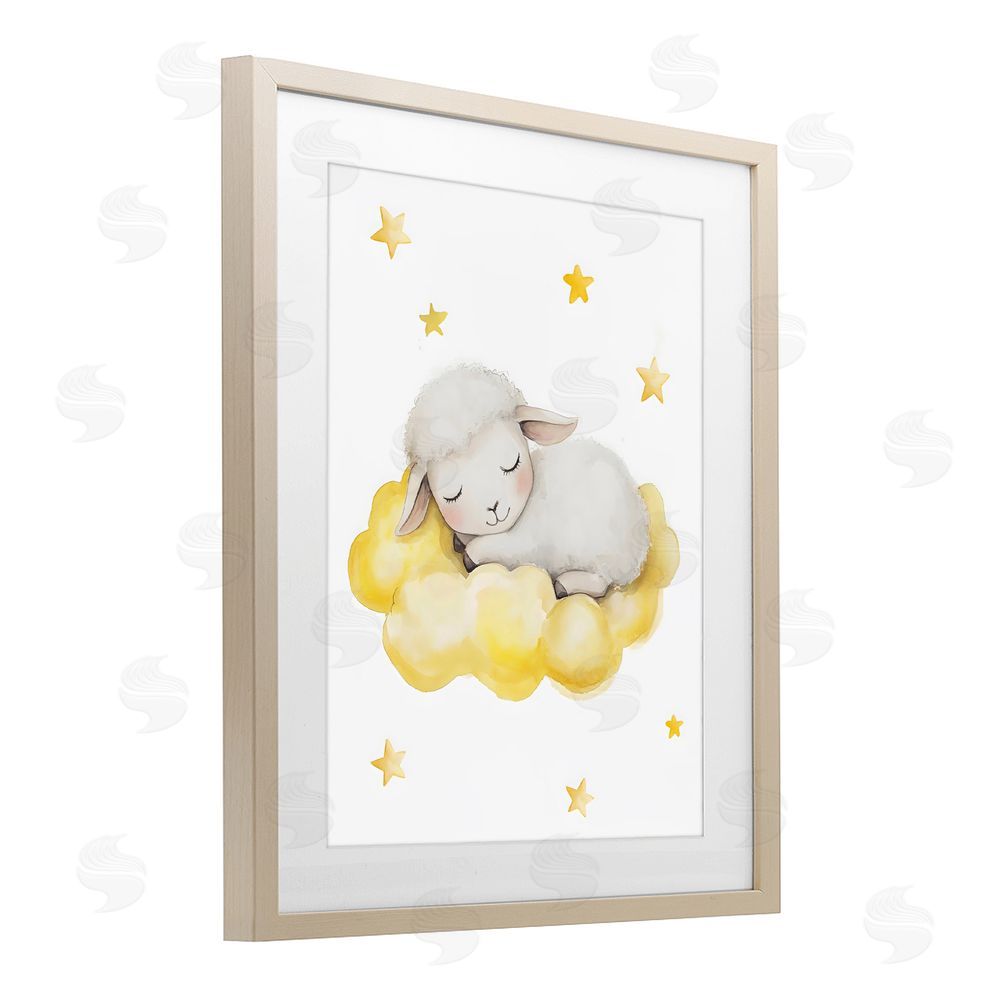 LSR Design Studio Sleeping Sheep on Yellow Cloud Brown Framed Print Under Glass with White Mat Wall Art