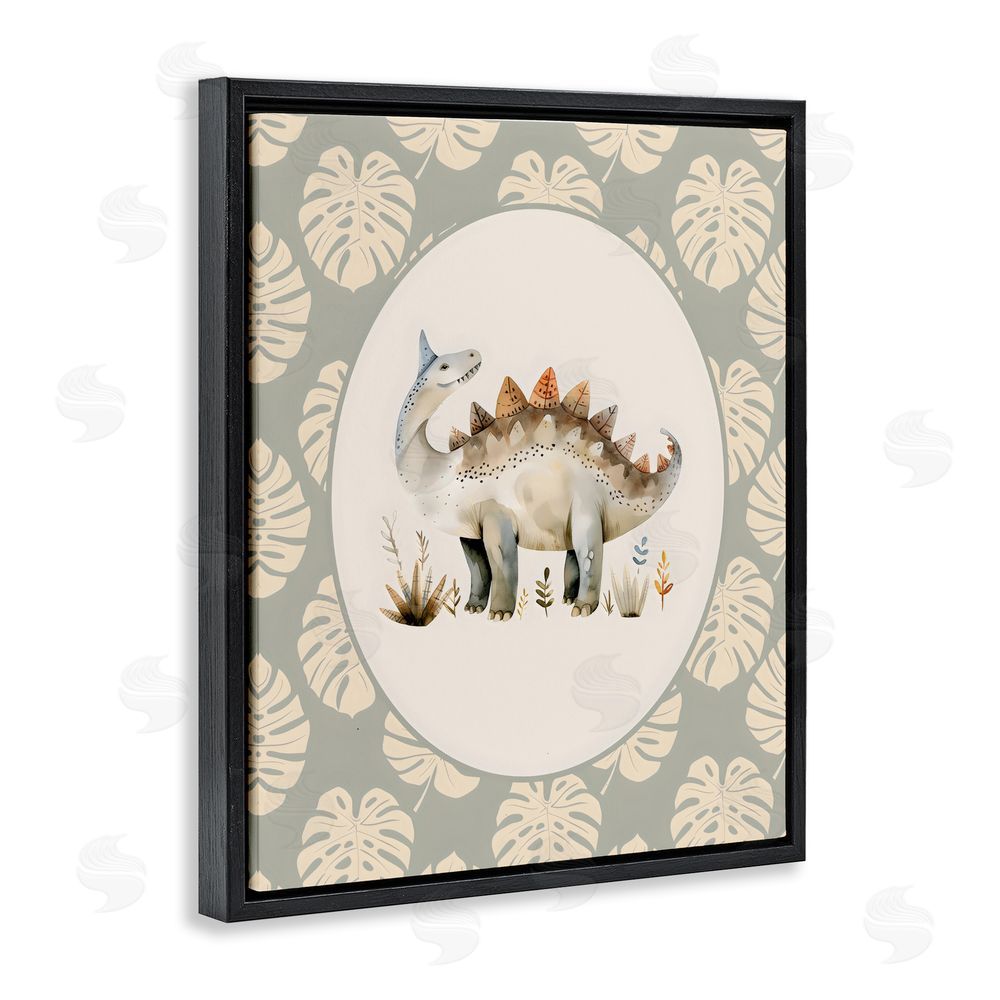 LSR Design Studio Watercolor Dinosaur Monstera Border Black Floating Framed Canvas Wall Art Print