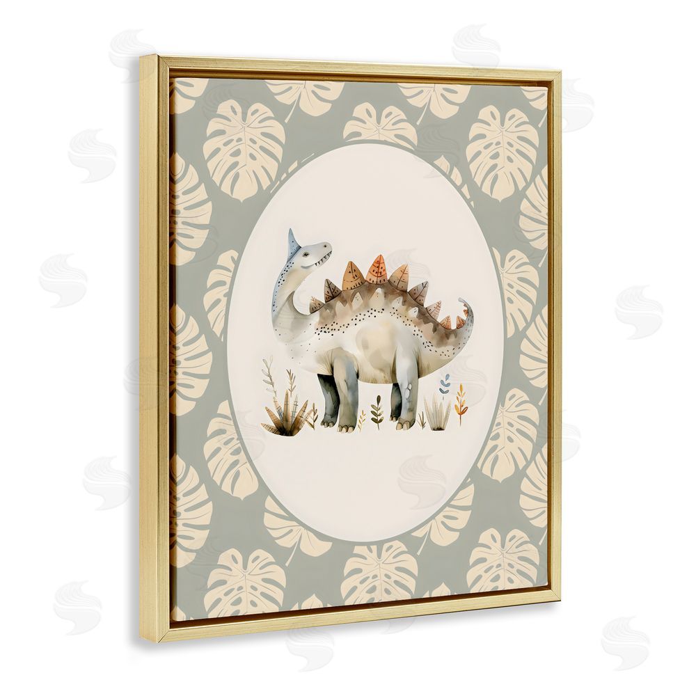 LSR Design Studio Watercolor Dinosaur Monstera Border Gold Floating Framed Canvas Wall Art Print
