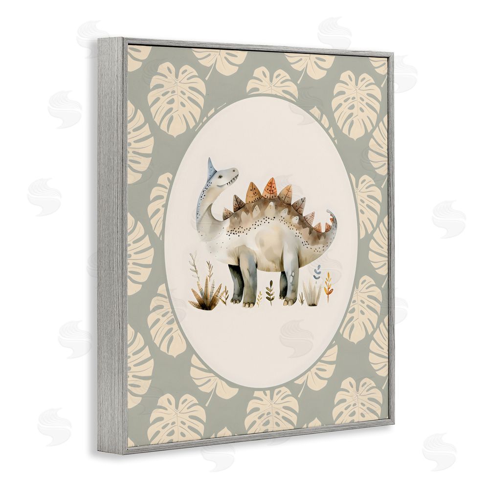 LSR Design Studio Watercolor Dinosaur Monstera Border Gray Framed Giclee Wall Art Print
