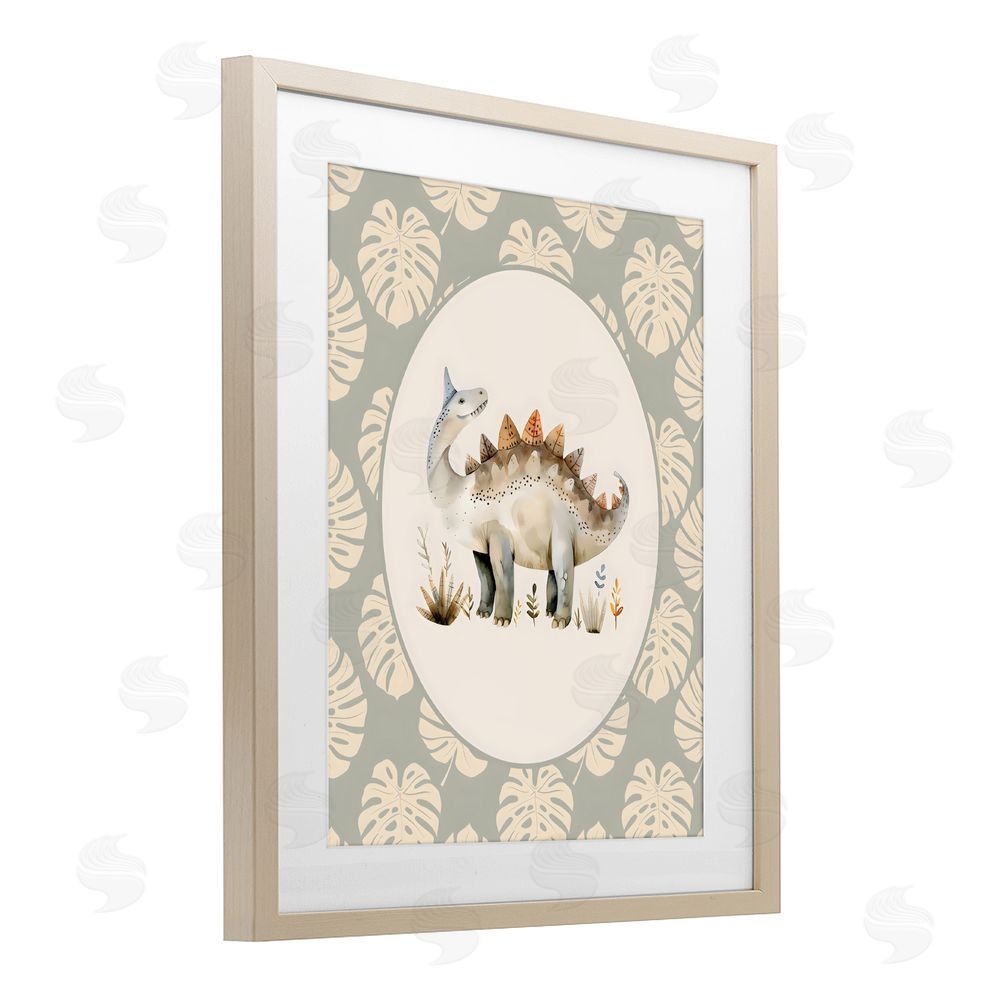LSR Design Studio Watercolor Dinosaur Monstera Border Brown Framed Print Under Glass with White Mat Wall Art