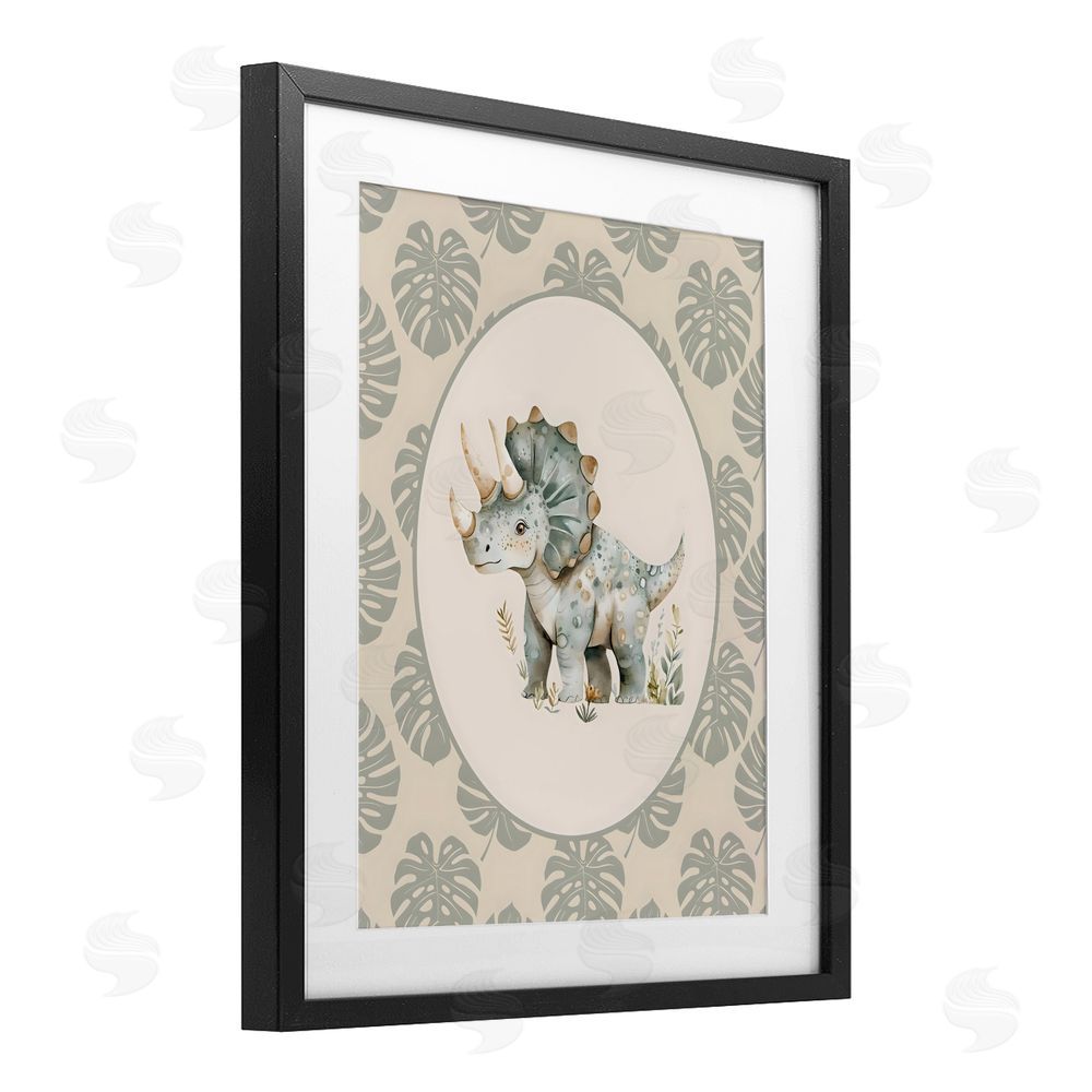 LSR Design Studio Watercolor Dinosaur Tropical Border Black Framed Print Under Glass with White Mat Wall Art