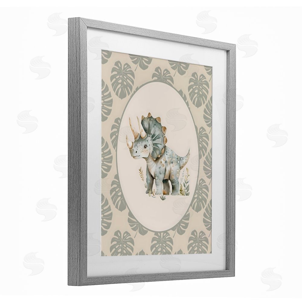LSR Design Studio Watercolor Dinosaur Tropical Border Gray Framed Print Under Glass with White Mat Wall Art